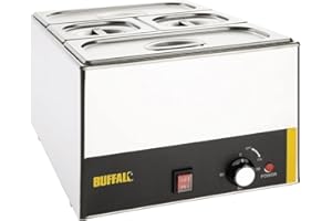 Buffalo Bain Marie 1,3 kW avec 2 bacs et couvercles gastronormes 1/3 et 2 x 1/6, acier inoxydable, plage de température contrôlée par cadran de 30 °C à 90 °C, chaleur humide, S007