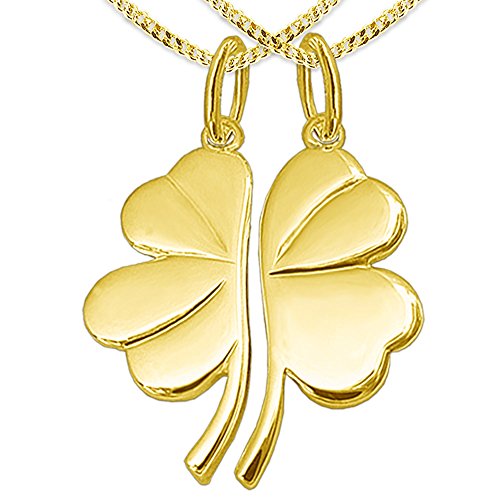 CLEVER SCHMUCK Set Vergoldeter Freundschaftsanhänger 4-blättriges Kleeblatt 20 mm geteilt und glänzend Sterling Silber 925 Gold-plattiert mit 2 vergoldeten Ketten Panzer 50 cm