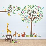 Decowall DML-1502P1512 Großer Blätterbaum & Zweige mit Tieren Wandsticker Wandaufkleber Wandtattoo Kinderzimmer