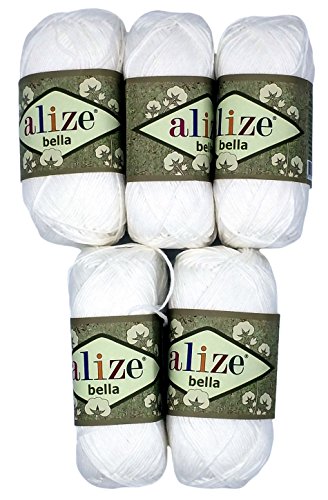 5 x 50 Gramm Baumwolle weiß Nr. 55, 250 Gramm Wolle aus 100% Baumwolle, Strickwolle