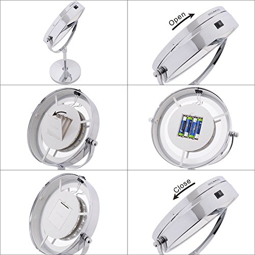 Limerence Moois 2in1 Kosmetikspiegel mit LED Beleuchtung, mit 18-LEDs, doppelseitig mit 1x/5x Vergrößerung, Höhenverstellbar, Batteriebetrieben, Verchromt, Beleuchteter Kosmetikspiegel, Tischspiegel für Makeup, Hautpflege und Rasur - 4