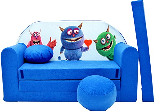 PRO COSMO Sofá Cama C28, para niños con Puff/reposapiés/Almohada, de Tela, Color Azul, 168 x 98 x 60 cm