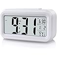 DSLIHA Digital Alarm Clock, LED Display Alarm Clock Bedside Clock, 12/24Hr Snooze Function Night Light, Battery Clock with Date Calendar Temperature for Bedroom Home Office (White)