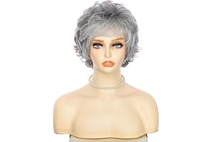 CGVG Graue Perücke Damen Natürliche Kurze Lockige Perücke Frauen Geschichtete Flauschige Kurzhaarperücke Synthetische Hitzebeständige Kunsthaare Tägliche Gebrauch Party Karneval (Grau-164)