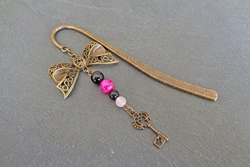 Bronze metal bookmark, Ribbon and Key, black onyx, rose quartz, rose agate, genuine gemstones