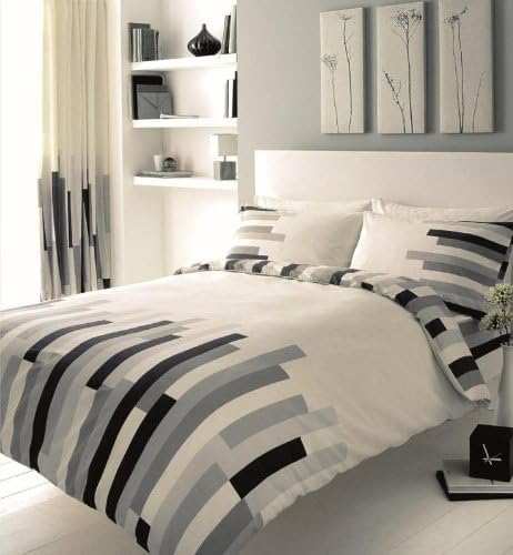 Duvet Cover Double Polycotton Printed Complete 4Pcs BEDDING SET With FITTED SHEET, Blocks Black / White