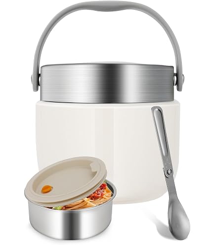 Gamelle Isotherme 1200 Ml En Acier Inox - Conservation Chaud/froid 12h, 2 Compartiments + Cuillère Pliante - école/bureau