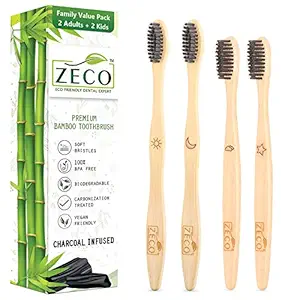 Bamboo Toothbrush for Kids & Adults 4 Pcs Family Sustainable Brush, BpA Free Organic Charcoal Activated Soft Bristle with Eco Friendly Wooden Handle, Natural, and Compostable Indian Origin