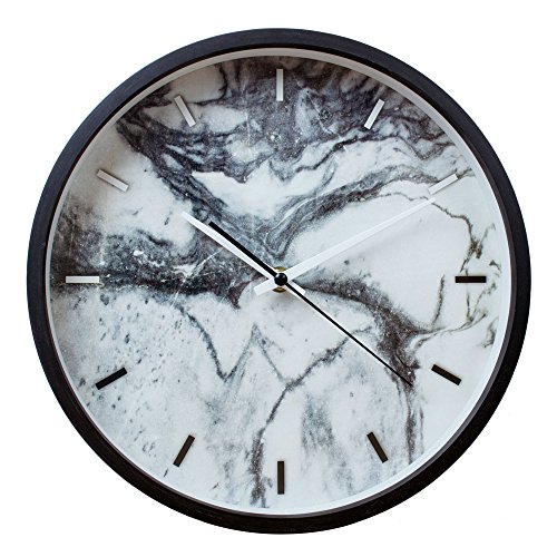 TaylorHe Zeitgenössischer Schwarzer Rahmen Holz Wanduhr Stille Quarzuhr 25cm x 25cm x 5cm Schwarzes weißes Marmor-Muster