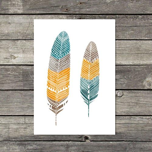 Boho Feather Art, Watercolour Feather Print, Teal and Mustard Wall Decor, Boho Print