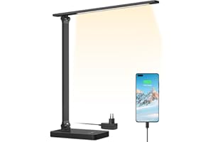 Lepro Lampada da Tavolo LED 15W, Lampada da Scrivania USB Ricaricabile, 3 Colori e 5 Livelli di Luminosità, Dimmerabile, Luce da Lettura Protezione degli Occhi per Ufficio, Camera, Nero