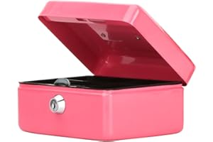 Small Cash Box with Key Lock, Parrency Portable Metal Money Box with Double Layer & 2 Keys for Security, 6 1/5" x 5" x 3", Pink
