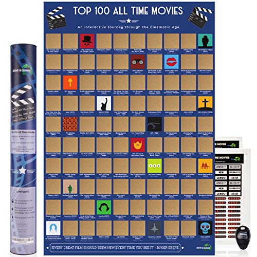 Atlas & Green 100 Movies Scratch Off Poster Bucket List + BONUS Stickers, scratching pick and Gift Tube - Rate each Film and customize your poster