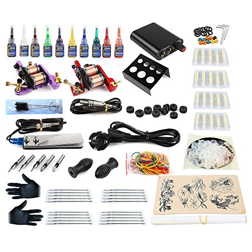 Hommii Profi Tattoo-Spulenmaschine Komplett Tattoomaschine Set Tattooset 2 Maschine Guns 10 Farben/Inks Tinte Nadel Taub Creme Tattoo maschine Set Kit