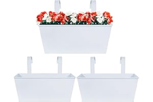 BOFUNX 3Pcs Metal Hanging Flower Pots, Iron Hanging Plant Pots Planters with Double Detachable Hooks for Railing Fence Balcony Garden Home Decoration (White, S)