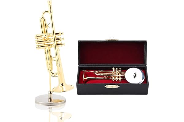 Hapivida Modèle de Trompette Miniature, Laiton Délicat Doré Mini Trompette Mini Instrument Ornement Décoration Modèle d'Instrument Ornements Musicaux Cadeau Musical avec Support et étui