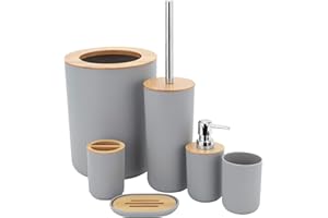 MissFox Set di 6 Accessori da Bagno in bambù, Accessori Bagno Set in bambù con Dispenser Sapone, Pattumiera, Portaspazzolino, Tazza da Denti, Spazzolino da Toilette e Portasapone, Grigio