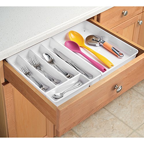 mDesign rutschfester Besteckkasten mit sechs Fächern – Ausziehbarer Besteckeinsatz für Schubladen ordnet Küchenutensilien – Schubladen Organizer für diverse Utensilien nutzbar – Farbe: Weiß - 4