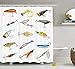 Produktbild LongTrade Fishing Decor Shower Curtain Duschvorhang Several Fish Hook Equipment Objects Trolling Angling Netting Gathering Activity, Fabric Bathroom Decor Set with Hooks White Gray 60x72 inch