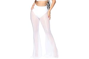 SAMHENG Pantaloni a rete trasparenti da donna, pantaloni gamba larga a vita alta, pantaloni da spiaggia velati copricostume da bagno, pantaloni svasati trasparenti con volant sexy per costume spettacolo rave