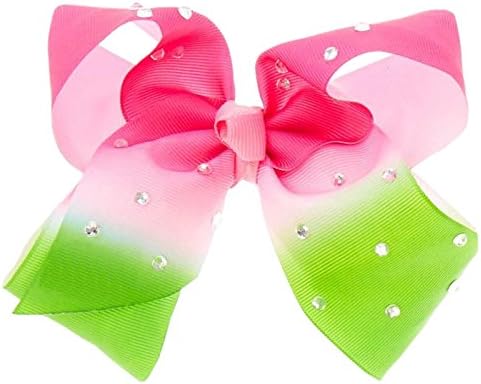 1 x Large 8" Cheerleader Style Bow Hair Clip Slide Ribbon Girls Party Hair Rainbow 'Jo Jo Style' (Green &amp; Pink with Diamante)