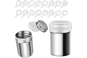 DDSHUN 2 Pezzi Agitatore per Polvere e Agitatore per Polvere in Acciaio Inox Agitatore per Pepe Agitatore per Spezie Coperchio a Maglia Fine in Acciaio in Polvere con 16 Stencil per Caffè, 1 Cucchiaio