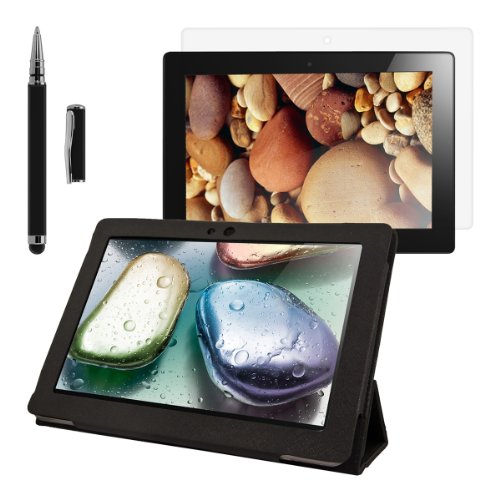 3in1 Set: kwmobile Hülle für Lenovo IdeaTab S6000 – Tabletcover Slim Case Tablet Schutzhülle – Smart Cover Tabletcase Schwarz + Folie, kristallklar + Stylus, Schwarz - 5
