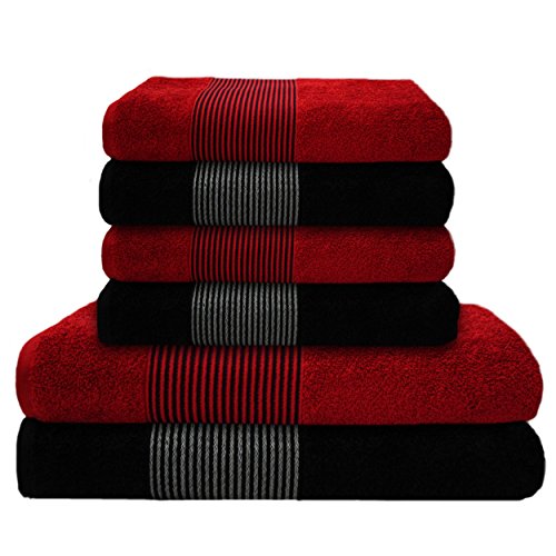Liness-Stripes 6 tlg Handtücher Set rot schwarz 4 Handtücher schwarz rot 50x100 cm 2 Duschtücher Badetücher 70x140 cm 100% Baumwolle Handtuch-Set rot schwarz gestreift