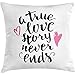Produktbild Throw Pillow Quote Cushion Cover, Romantic Inscription True Love Story Never Ends with Doodle Heart Shapes, Decorative Square Accent Pillow Case, 18 X 18 Inches, Pink Hot Pink and Black