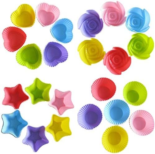 KAIL 24 Pcs Reusable Silicone Baking Cups -Cupcake Liners -Muffin Cups [6 Heart-Shaped , &amp; 6 Round Cups , &amp; 6 Star Cups , &amp; 6 Rose Cups]