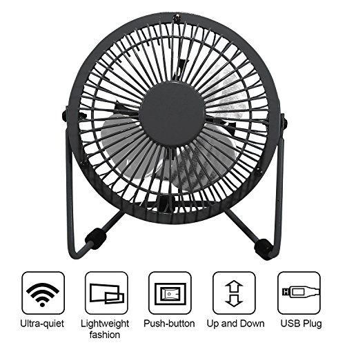 Mini Ventilator USB leise Computer Tischventilator Schreibtisch Lüfter Glamouric Tragbarer Windmaschine 4 Zoll 360°Drehbar anschluss Gehäuse Rotorblätter aus Metall Fan Für Büro Laptop (Schwarz)