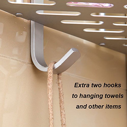 Swallowzy Badezimmer Eckregal, haltbares Aluminium Sticky Nein Bohrer Regal Dusche Lagerung Handtuch Wandhalterung Regal Dusche Caddy Regal Storage Rack Corner Shampoo Korb-Halter mit Haken, Style A 2 Tier - 5