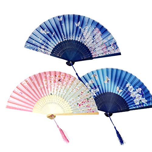 3 Pack Folding Fans,Handheld Bamboo Silk Fabric Folding Hand Fans with Tassel Wooden Chinese/Japanese Hand Fans Folding Hand Held Fans for Women Wedding Party Decoration