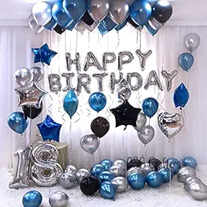OSG Crafters Happy Birthday Letter Foil Balloon Set of Silver + Pack of 30 HD Metallic Balloons (Blue, Black and Silver) (Blue, Pack of 30)