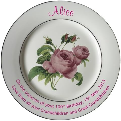 Personalised 100th Birthday Plate - Pink Rose Design with 2 Platinum Bands on The Rim