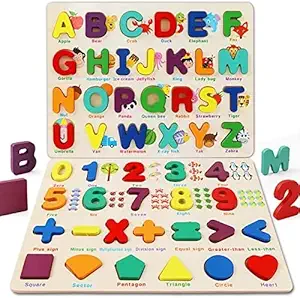 PLUSPOINT Wooden Educational Toddlers Puzzles Abc + 123, Wooden Alphabet Number Shape Puzzles Toddler Learning Puzzle Toys for Kids 3-6 Years Old Boys & Girls, 2 in 1 Puzzle for Toddlers (ABC+123 Puzzle)