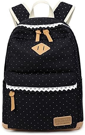 Canvas School Bag Lightweight Student Backpacks for Girls, Polka Dots Lace Decoration,Suitable for School,Traveling,Hiking