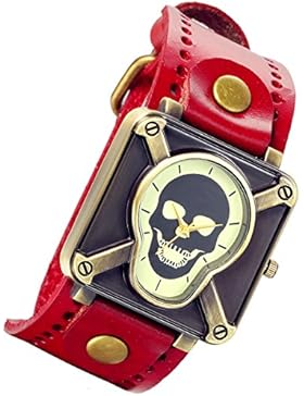lancardo Vintage Herren Damen Armbanduhr, Steam Punk Gothic Kruzifix Skull Schädel Totenkopf Uhr mit rot Leder...