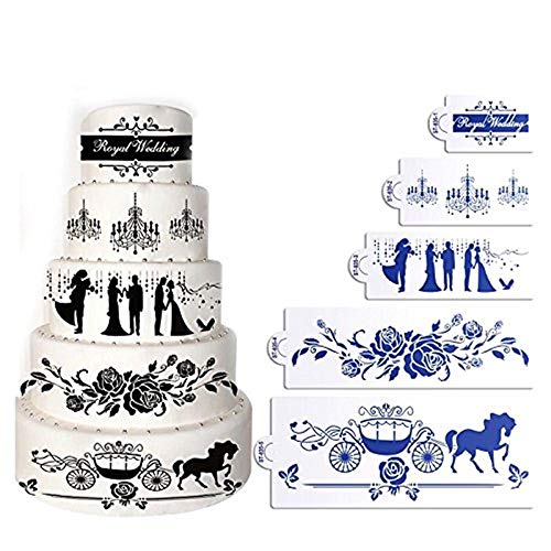 AK Art Kitchenware - Set da 5 stencil per decorare le torte, per San Valentino e per dolci nuziali, pasticceria, cupcake, biscotti e sculture di zucchero; in plastica per uso alimentare