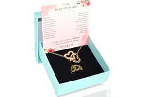 PAULAND CO [Bañado en ORO] Pack Colgante + Anillo Bañados en Oro + Tarjeta Dedicatoria para Regalo Mujer - Pack Joyas Motivo Corazón bañadas en ORO - Regalo Mujer, Día de la Madre, Esposa