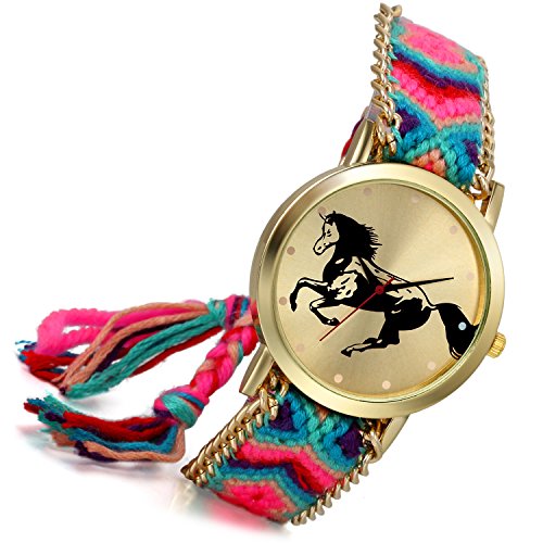 lancardo Thailand Vintage Verstellbarer gewebter Schulterriemen Armband Uhr mit Pferd gold Ton Teller Zifferblatt (A)