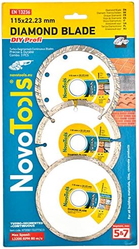 4.5’’ Segmented, Turbo, Continuous (Tile) Diamond Cutting Discs By NOVOTOOLS | Diamond Angle Grinder Blades For Stone, Brick, Ceramic Tiles &amp; Concrete | Pack of 3 pcs x 115 mm