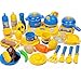 Produktbild MRKE Kinderküche, 33 Stück Küchenspielzeug Zubehör Obst Gemüse Töpfe Set Geschenkverpackung für Junge und Mädchen (Blau + Gelb)