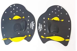SWIMXWIN Palmar Power Palette de natation professionnelle en forme ergonomique pour entraînement de piscine avec élastique (moyen, noir/jaune)