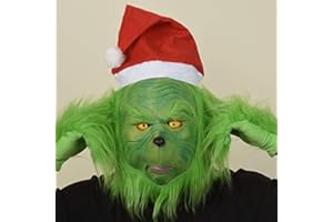 TZPAUG Máscara de Monstruo de Pelo Verde con Gorro de Papá Noel y Guantes, Máscara de Terror de Navidad, Máscara de Grinch para cosplay, comedia, Halloween, fiesta de disfraces