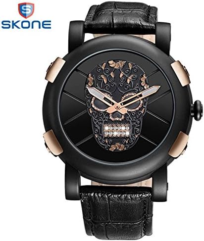 SKONE NEW 2018 Skull Pirate Black Watch Men Diamond 3D Scrub Dial Genuine Leather (ROSE GOLD + BLACK)