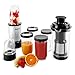 Produktbild oneConcept • Smoothy • Standmixer • Küchenmixer • Smoothie Maker • Blender • Entsafter • 4-in-1 Gerät • 220 Watt • zwei Mixerkrüge • Edelstahlklingen • 1x Kreuzklinge • 1x Flachklinge • vier Partybecher • zwei Verschlussdeckel • Stößel • schwarz