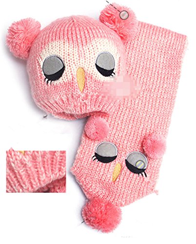4 Migo Christmas Owl Winter Warm Baby Girls Hat/Scarf Set Knitted Hat Scarf Set (Navy) (Pink) (Pink)