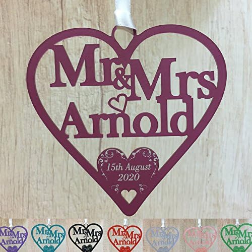 Personalised Wedding Bridal Gifts Lucky Hanging Heart Personalise Mr & Mrs, Mr Mr, Mrs Mrs or ANY NAMES Swirl Heart - Alternative to Lucky Good Luck Horseshoe (12.5cm)