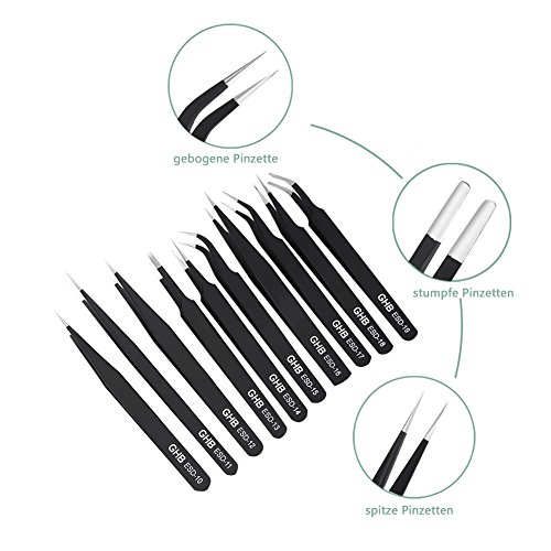 GHB 10Pcs Pinzetten ESD Anti Statik Edelstahl präzise Präzisions Reparatur Werkzeug Schwarz für Elektronik Schmuckherstellung Industrie Kosmetik - 3